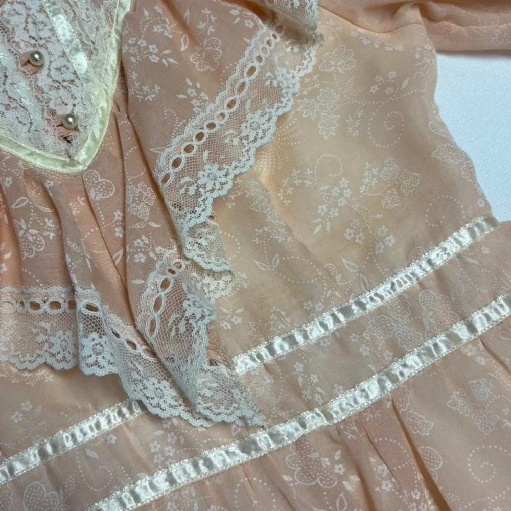 Vintage 70s Gunne Sax Pink Floral Prairie Dress Lace Ruffle Maxi Size 7 XS - Picture 7 of 7